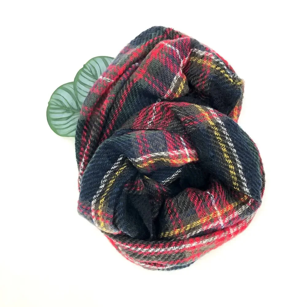 Navy Blue Red Yellow White Plaid Acrylic Loose Knit Lightweight Infinity Scarf